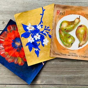 Gelsomino, 3 pere, papaveri, terzina di splendidi piccoli dipinti, natura morta su carta vintage. Consegna gratuita. Blu, oro, rosso, verde, marrone.