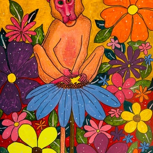 Mono en primavera, pequeña pintura original sobre papel, arte lindo y colorido para habitaciones infantiles, flores de colores, multicolor, floral, dibujos animados