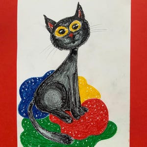 Bella (dibujo de gato negro, ilustración, pintura pequeña, pequeños bocetos, pastel, tinta sobre papel, caricatura, animal lindo, postal, arte en miniatura)