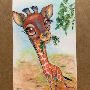 Little G (tekening babygiraf, illustratie, klein schilderij, kleine schetsen, kleurpotlood, inkt op papier, tekenfilm, schattig dier, ansichtkaart)