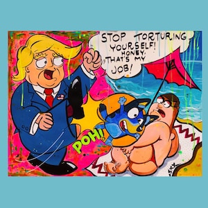 Bluey se postula para un cargo, Trump, cómic, dibujo animado, pintura original en gouache/acuarela sobre papel con temática divertida, dibujos animados extravagantes, solo para reír.