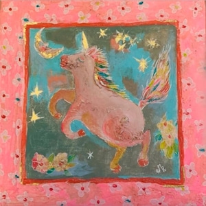Unicorn flying, small original painting on canvas, colourful cute art for children's rooms, Moon, Stars, Blue, Pink, sky, clouds, dreamy