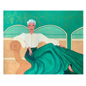 Gonna verde, illustrazione dipinta a guazzo e inchiostro dorato, su carta, moda, senza tempo. Figurativo vintage. Opera d'arte originale, uva. Spedizione GRATUITA.