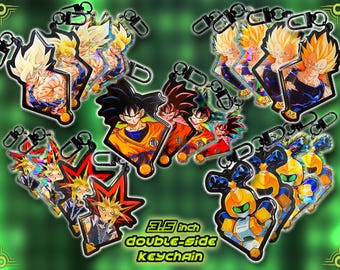 FAN ART Anime Keychain: 3.5 inch Double Sided Epoxy Acrylic Holographic Clear Charm - Manga Cartoon Gift Dragon Z YGO Goku Vegeta Saiyan