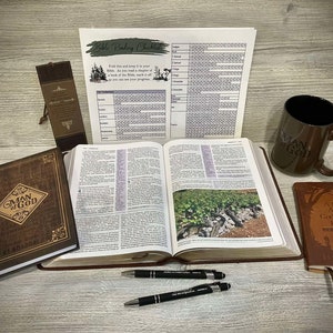 May include: A brown leather-bound Bible open to a page with a picture of a vineyard. There is a brown journal with the words "Man of God" on the cover, a brown bookmark with the same words, a brown mug with the same words, a brown journal with the words "A Man After God's Own Heart" on the cover, and three black pens on a wooden surface.