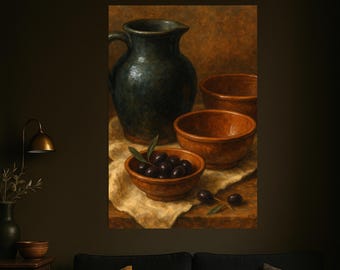 Olive Still Life Canvas Art Rustic Mediterranean Kitchen Wall Decor Vintage Pottery and Olives Painting Farmhouse Country Style Canvas Print