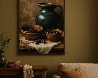 Olive Still Life Canvas Art Rustic Mediterranean Kitchen Wall Decor Vintage Pottery and Olives Painting Farmhouse Country Style Canvas Print