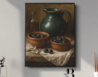Olive Still Life Canvas Art Rustic Mediterranean Kitchen Wall Decor Vintage Pottery and Olives Painting Farmhouse Country Style Canvas Print