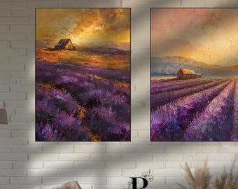 Lavender Field Sunset Canvas Print: Rustic Farmhouse Wall Art