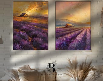 Lavender Field Sunset Print: Rustic Farmhouse Wall Art