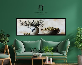 Quadro rústico com estampa de ramo de oliveira, arte de parede para cozinha italiana, decoração mediterrânea em tons de verde e bege, estilo campestre para casa.