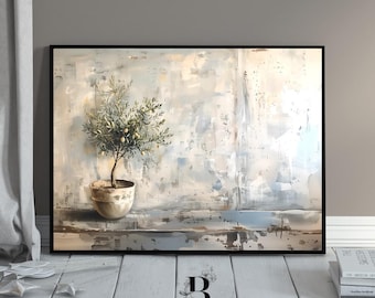 May include: A painting of a small olive tree in a white pot, set against a textured, light blue and white background. The tree has green leaves and small, light green olives.