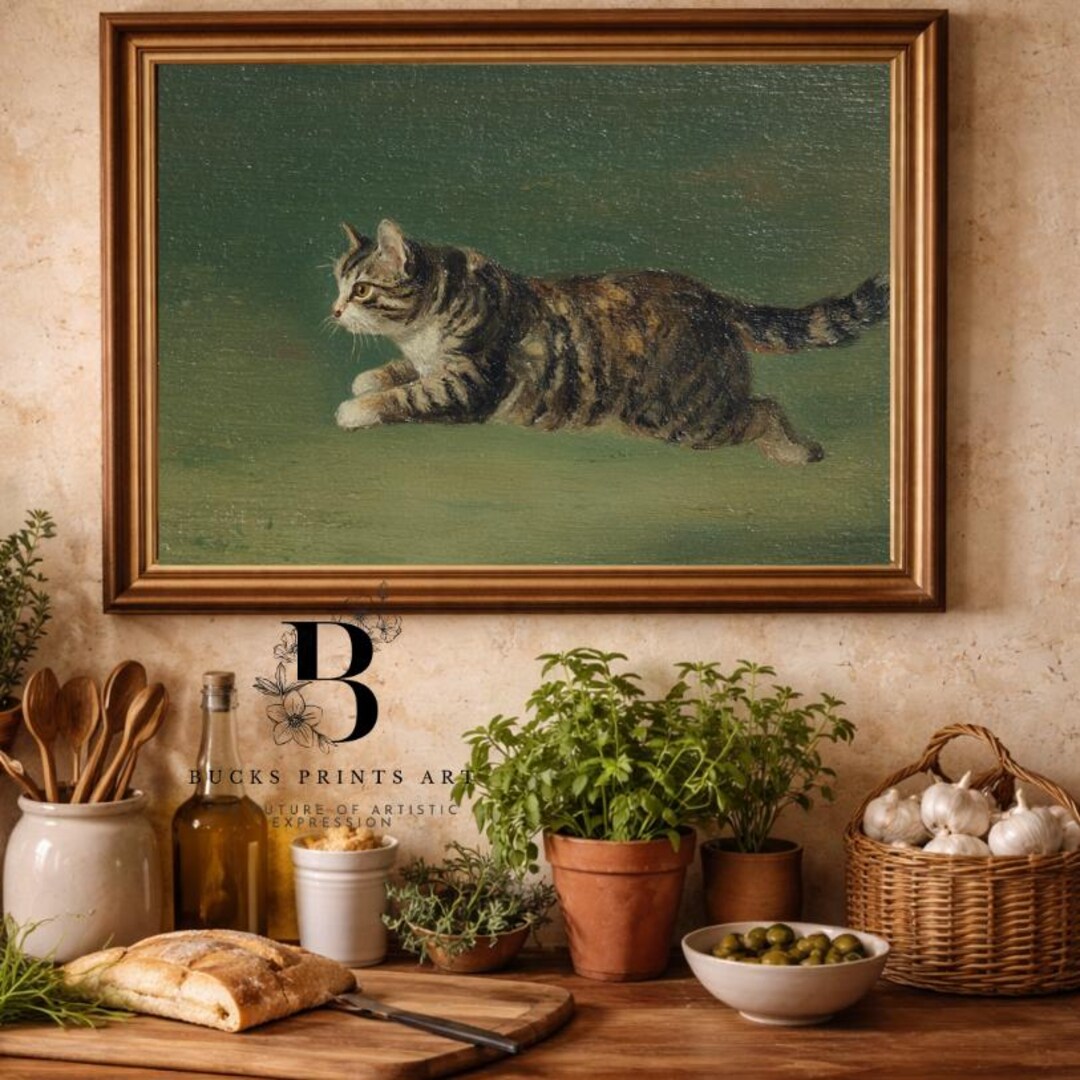 Vintage Tabby Cat Painting Poster Classic Oil Art Print, Green ...