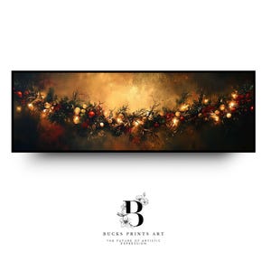 Long Horizontal Narrow Horizontal Christmas Garland Oil Painting Print Festive Holiday Wall Art Rustic Cozy Christmas Decor