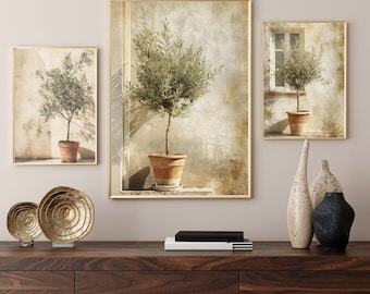 Impresión en lienzo de rama de olivo, arte de pared de cocina rústica italiana, decoración mediterránea verde beige, lienzo de estilo rústico de granja