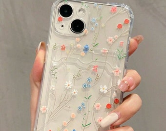 Floral Phone Case with Card Slot for iPhone 15 Plus iPhone 15 14 13 12 11 Pro Max Case, Soft Clear Phone Cover for iPhone X Xs Max XR 7 8