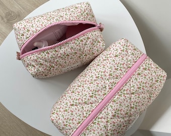 Pink Floral Makeup Bag | Cute Makeup Bag | Quilted Cosmetics Bag | Cotton Makeup Bag | Cotton Cosmetics Bag | Cosmetic Organizer