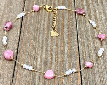Cuenta de piedra de fresa, tobillera minimalista para mujer, pulsera de tobillo ajustable para mujer, joyería hipoalergénica, joyería de moda para niñas.