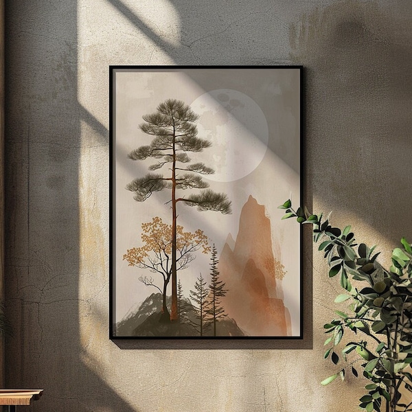 Balance in Nature - Japandi Wall Art Print with Pine Trees and Mountains - Landscape Scandinavian - Tranquil Print - Printable Wall Art