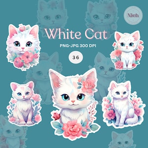 White Cat Clipart, Cute Cat Clipart Bundle, Happy Cats, Cartoon Cat , Digital Paper Craft, in PNG format instant download for commercial use