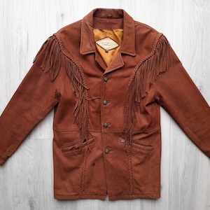 Veste en cuir à franges cognac pour homme vintage, taille moyenne, veste western en cuir, veste motard à franges des années 90, veste moto en cuir à franges
