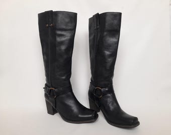 Womens leather high knee heeled black boots , Black Buckle Boots , Buckle Ankle Boots , Goth Boots , Motorcycle Rocker boots , USA 8, UK 6