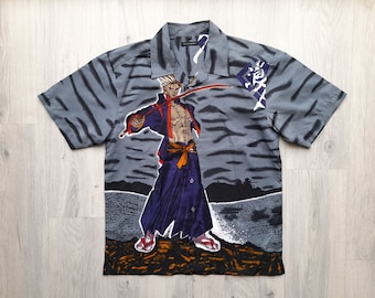 Vintage Anime Art All Over Button down, Camicia con bottoni Anime Samurai, Camicia anime giapponese Samurai, Grande, anni '90 Anime Art All Over Button down