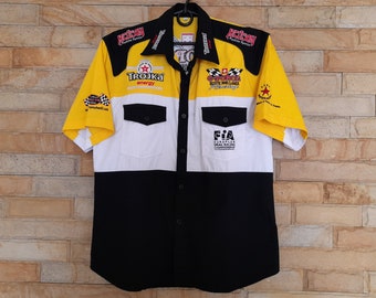 Camicia con bottoni Vintage Racing Team, camicia Pit Crew, camicia da corsa, uomo M, camicia con bottoni a manica corta, camicia Pit Crew gialla e bianca da corsa