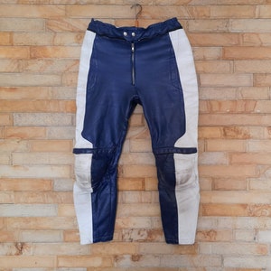 Vintage 90s Womens Multicolor Motorcycle worn and scuffed leather pants , ,Blue and White Motorcycle Leather Pants Biker Trousers Size 52