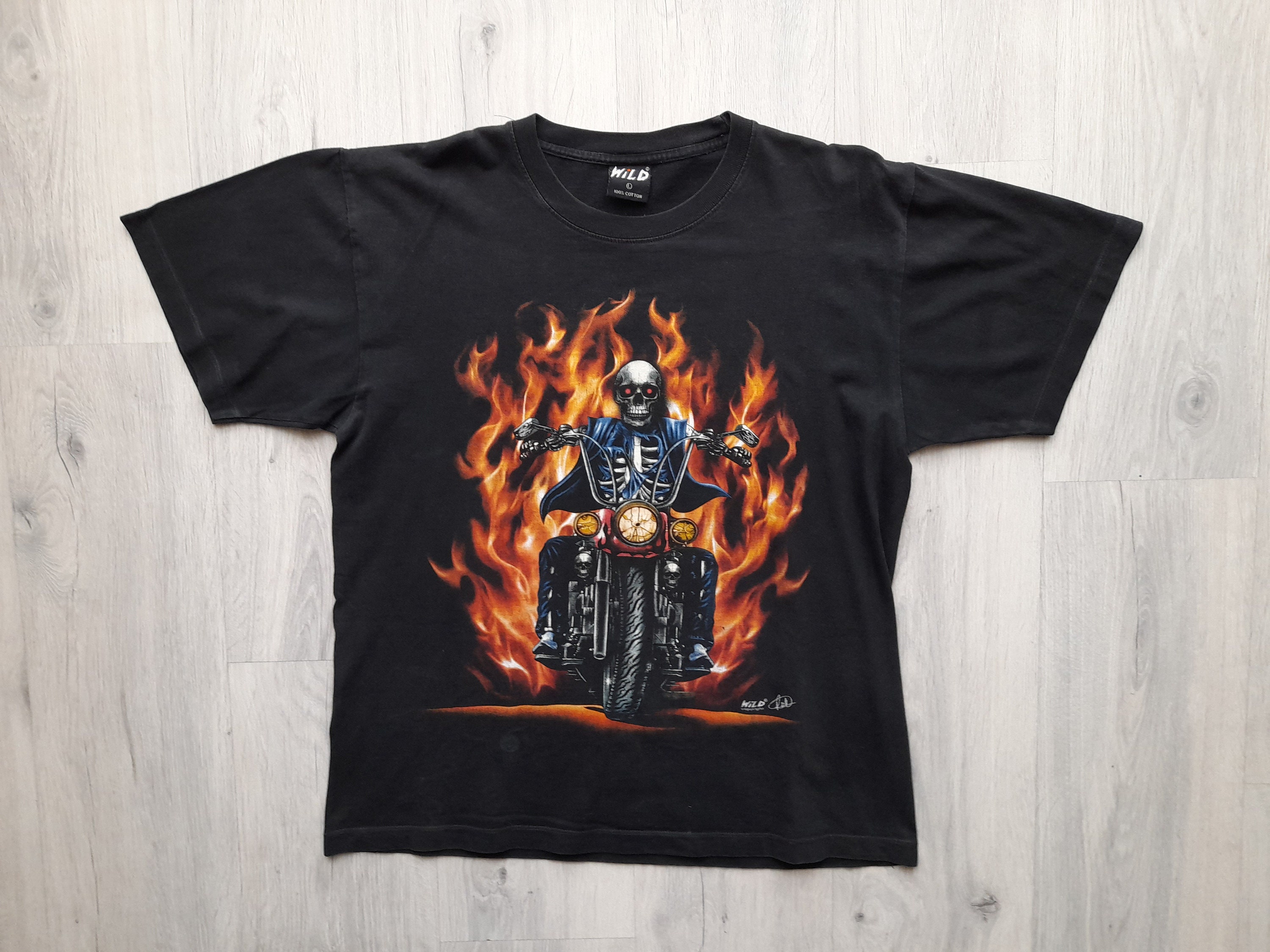 Mens Biker Skull Flame Shirt , Large-medium, Skeleton Riding