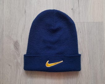 帽子 90s nike big swoosh knit cap navy Vtg 90s Nike Big Swoosh Cap Youth Baseball Snapback Hat Navy