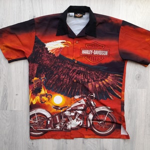 Vintage Y2K Harley Davidson Polyester All Over Print Button Up shirt , Vintage Harley Davidson Hawaiian Motorcycle Shirt , Large Size