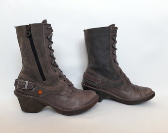 Vintage Women&#39;s The Art Company Platform Shoes ,Size EU 36 ,Womens Gray Leather Zip Boots ,The Art Company Gray Lace Up Zipper Boots