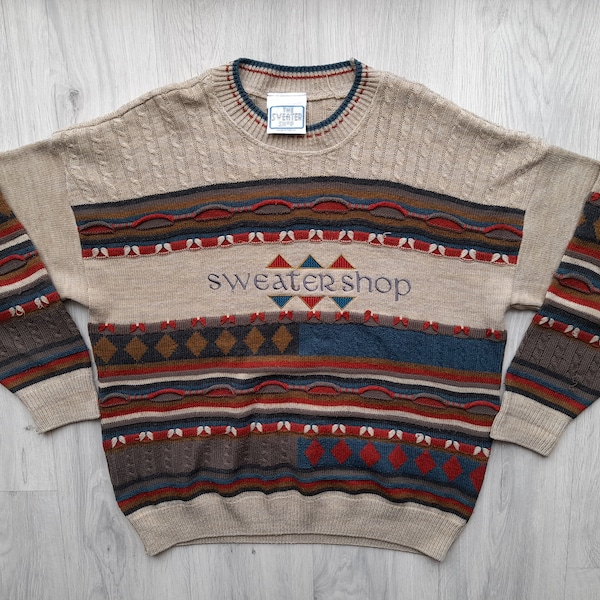 Pull The Sweater Shop vintage des années 90, fabriqué au Royaume-Uni, pull coloré, pull en tricot à motifs Sweater Shop, pull en tricot multicolore, grand