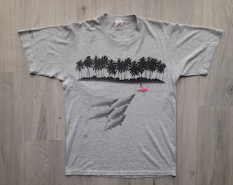 Vintage 80s Surfing Funny shirt ,80s Surf T Shirt ,Made in USA ,Large, Single Stitch Surf Tee , 80s Surfer Funny T-Shirt , Surfer and sharks