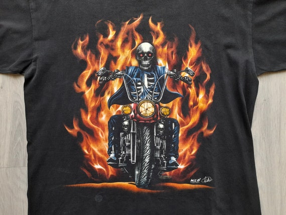 Mens Biker Skull Flame Shirt , Large-medium, Skeleton Riding