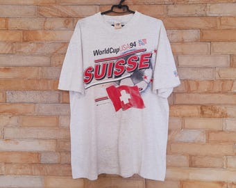 Vintage 90s Swiss Suisse World Cup 1994 XL Size Tee , Suisse Soccer T-Shirt , Swiss USA WORLD Cup 94 Suisse Team T-Shirt ,T-shirt with spots