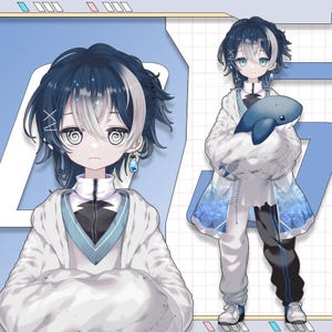 May include: An anime-style character with dark blue and white hair, wearing a white jacket with blue accents and a whale plushie. The character has blue eyes and is standing in front of a blue and white background.