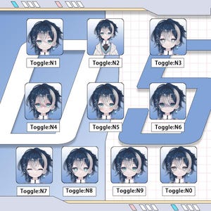 Pu&ograve; includere: Un'esposizione di arte digitale con nove ritratti di personaggi in stile anime con espressioni diverse. Ogni ritratto ha capelli blu scuro con una ciocca bianca, e il testo "Toggle:N" seguito da un numero &egrave; sotto.