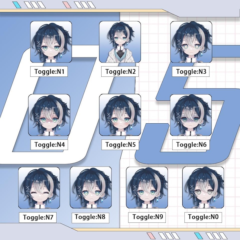 Pu&ograve; includere: Un'esposizione di arte digitale con nove ritratti di personaggi in stile anime con espressioni diverse. Ogni ritratto ha capelli blu scuro con una ciocca bianca, e il testo "Toggle:N" seguito da un numero &egrave; sotto.