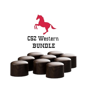 May include: A set of eight dark brown wooden guitar knobs with the text "CS2 Western Bundle" and a red silhouette of a horse above the text.