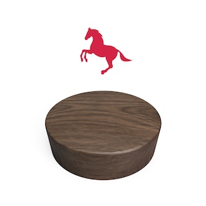 May include: A wooden round coaster with a dark brown wood grain finish. A red silhouette of a horse is shown above the coaster.