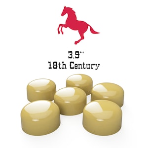 May include: Six round, beige, ceramic knobs with a glossy finish. The knobs are arranged in a cluster. The text "3.9" and "18th Century" is printed in black above the knobs. A red silhouette of a horse is shown above the text.