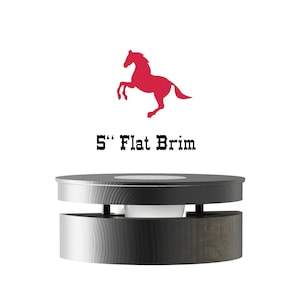 May include: A black wooden hat stand with a 5" flat brim. The stand has a silver metal base and a white top. A red silhouette of a horse is shown above the stand.