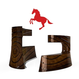 May include: Two wooden pieces of furniture, one shaped like a letter 'C' and the other like a letter 'J', with a red silhouette of a horse jumping over them.