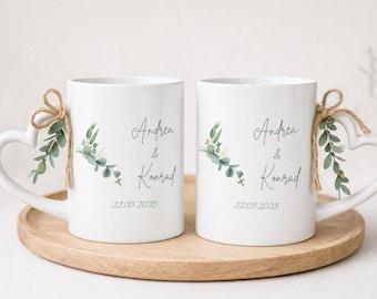 Personalized wedding gift for the bride and groom | Mugs with heart-shaped handles, names, and date | Wedding present | Modern Mr & Mrs coffee mug pair