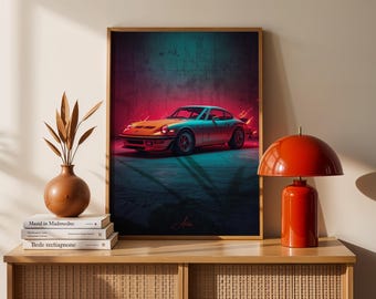 May include: A framed art print featuring a vintage sports car in a neon-lit setting. The car is orange and silver, set against a backdrop of teal and magenta hues. The artwork has a modern, stylized aesthetic.