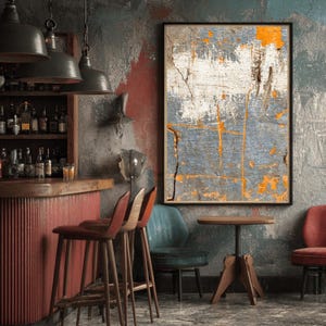 Könnte beinhalten: Innenansicht einer Bar mit roter Theke und Hockern. Ein gerahmtes abstraktes Gemälde mit blauen, weißen und orangen Farben hängt an der Wand. Die Bar hat eine Holzplatte und Regale mit Flaschen.