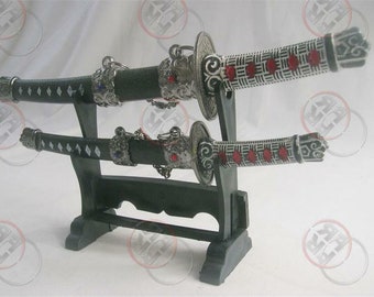 2 Set Japanese Samurai Mini Sword Dagger w/Desk Stand