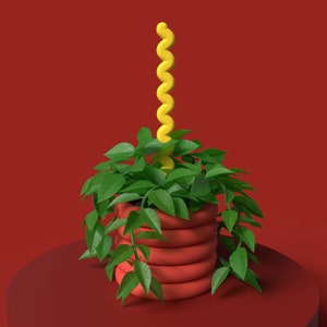 May include: A digitally rendered image of a potted plant. The red pot has a stacked design, filled with lush green leaves. A bright yellow, spiral-shaped accent rises from the centre, set against a solid red background.